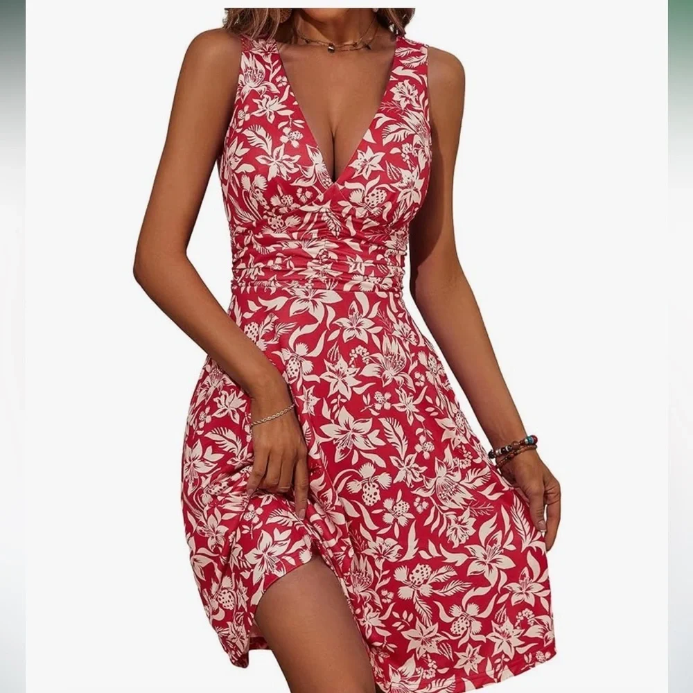Women's Deep V Neck Sleeveless Floral Sundresses Pockets Flowy Summer Dress XL